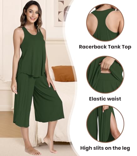 Image of NACHILA Bamboo Viscose Pajamas for Women Racerback Tank Capri Set | High Side Slits Design, Unrestricted Movement, Cooling Feel, Relaxed Loose Fit, for Hot Sleepers