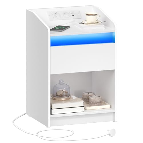 Hzuaneri Table de Nuit avec lumière LED, Table d'appoint avec Station de Charge, 1 tiroir de Rangement Table de Chevet pour Chambre à Coucher, Salon, 2 Ports USB, Blanc NS04703X1