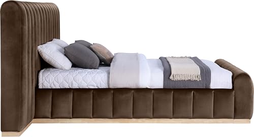 Image of Meridian Furniture AmaraBrown-Q117 Collection Modern | Contemporary Queen Bed, Ultra Luxe Brown 460 GSM Velvet, Natural Finish, Solid Wood Base and Inner Frame, 117 inch W x 99 inch D x 51 inch H, Brown, Queen