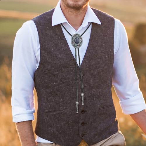 Image of Bolo Tie for Men Women Cowboy Turquoise Celtic Natural Tiger Eye Stone Longhorn Bull Western Leather Bolo Necktie