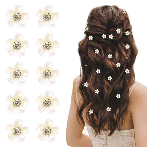 Muorruo 20 Pieces Mini Hair Clips White Flower Hair Clips with Rhinestones Cute Flower Girl Hair Decorations Hair Clips for Weddings Bride Hair Pins (White)