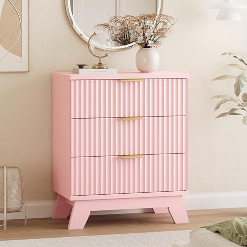 Image of Xixini Fluted Dresser for Bedroom with 3 Drawers, 24 inch Wide Modern Chest of Drawers with Metal Handle, Wooden Dresser TV Stand, Wood Closet Clothes Storage Organizer for Living Room, Hallway, Pink