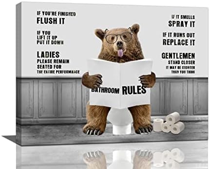 Bear Bathroom Wall Art Funny Bear in Toilet Bathroom Pictures for Wall Bathroom Rules Canvas Print Painting Black and White Bathroom Decor Farmhouse Framed Artwork for Bathroom Ready to Hang 12"x16"