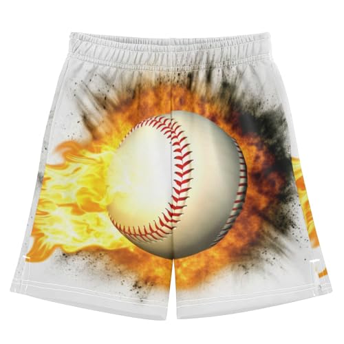 CHIFIGNO Baseball Fire Pull-On Boys Baseball Shorts Elastic Waist Children Boys Outdoor Shorts with Pockets XS
