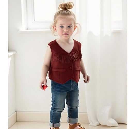 Girls Fringe Faux Suede Vest Front Tassels Cropped Cowgirls Waistcoat 70s Hippie Western Clothes Sleeveless Jacket2