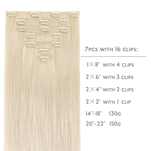 WENNALIFE Seamless Clip In Hair Extensions Human Hair, 20 Inch 150g 7pcs Platinum Blonde Real Hair Extensions Clip in Human Hair Invisible PU Skin Weft Natural Remy Human Hair Extensions