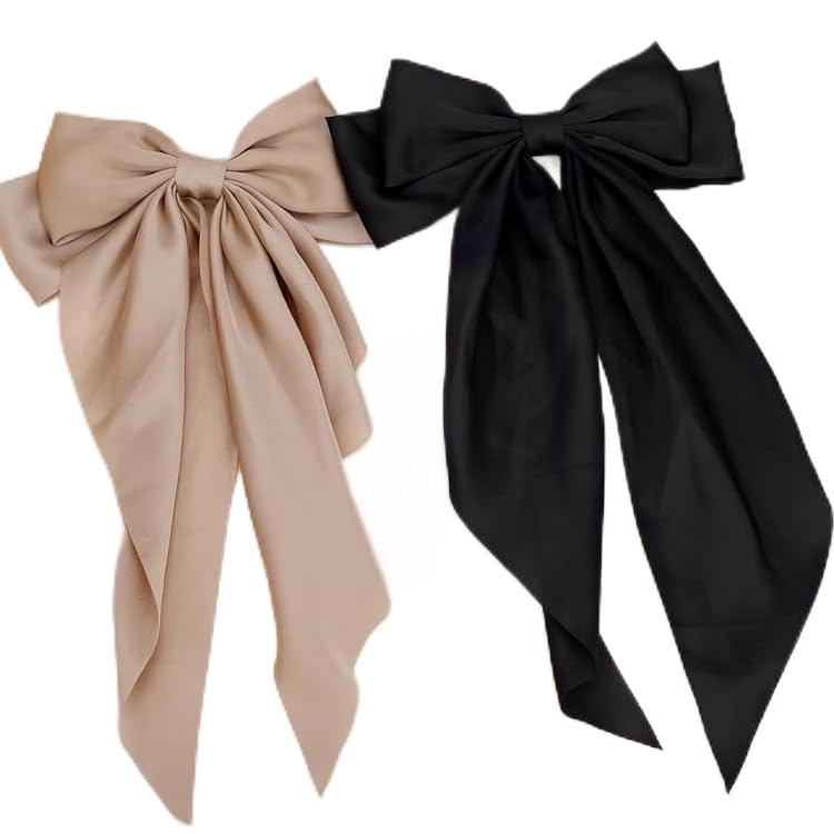 Image of FilterFashion Big Satin Layered Hair Bows for Women Girls 11.5 Inch Barrette Hair Clip Long Back Ribbon Bows French Style Hair Accessories (Black,Gold)
