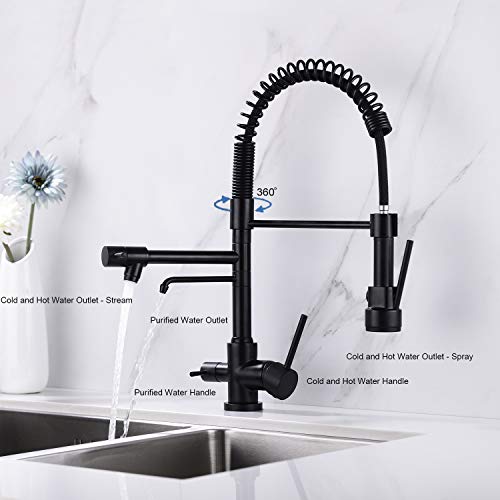 Delle Rosa Kitchen Faucet,3 Way Drinking Water Faucet, Modern Kitchen Faucet with Pull Down Sprayer, Dual Handles Kitchen Sink Faucets,3 in 1 High Arc Water Filter Purifier Faucets Matte Black