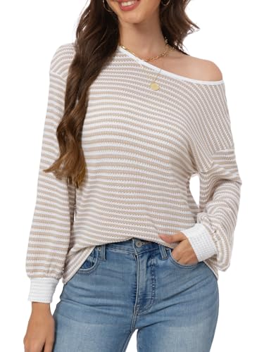 Womens Off Shoulder Sweater Top Fall Outfits Lightweight Oversized Striped Knit Puff Long Sleeve Pullover Sweater