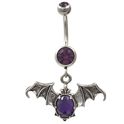Gothic Style Purple Gemmed Vampire Bat Dangle Belly Ring 14G Navel Jewelry