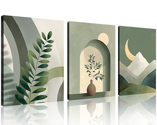 TutuBeer Sage Green Boho Art Boho Wall Art Set of 3 Sage Green Minimalist Framed Canvas Picture Geometric Leaf Sun Moon Beige Canvas Artwork 12"X16" for Bathroom Living Room Bohemia Wall Decor