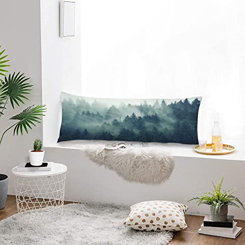 Foggy Forest Body Pillow Cover Green Fog Misty Fir Hipster Vintage Nature Parks Pine Mist Wood Cloud Tree Long Pillow Case Protector With Zipper Soft Large Pillow Cases Covers For Bed,Couch 20"X54" #TOP3