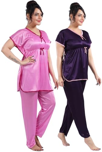 Image of Fabme Women's Satin Plain Kaftan Top & Pyjama Set