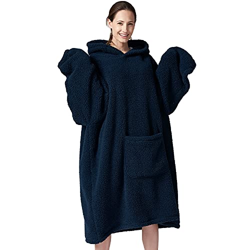 Hansleep Hoodie-Decke, übergroß, ultraweich, warm, gemütlich, Sherpa-FLeece, tragbare Decke, Sweatshirt mit riesiger Tasche, Einheitsgröße, für Männer und Frauen, Marineblau Cover