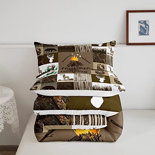 Spefrowx Camping Camper Quilt Comforter Queen For Teens Boys Adults,Rustic Farmhouse Style Bedding Set Bear Deer Wolf Comforter Set Wild Animal Patchwork Duvet Insert Arrows Trees Room Decor,Brown #TOP4