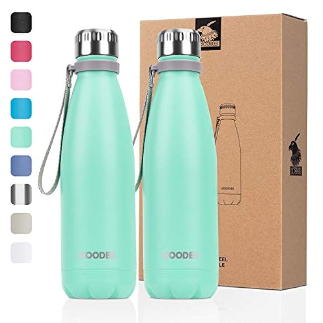 koodee Kids Insulated Water Bottle 2 Pack-17 oz Stainless Steel Double Wall Vacuum Insulated Water Bottle for School, Cola Shape Leak Proof Sports Flask (Aquamarine Blue-Sky Blue)