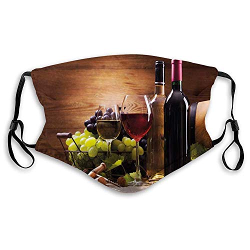 Preisvergleich Produktbild Aktivierter winddichter Gesichtsschal, Wein, Gläser Rot- und Weißwein, serviert mit Trauben Französische Gourmet-Verkostung, braunes Rubin-Hellgrün, Bedruckte Gesichtsdekorationen für Unisex-2735