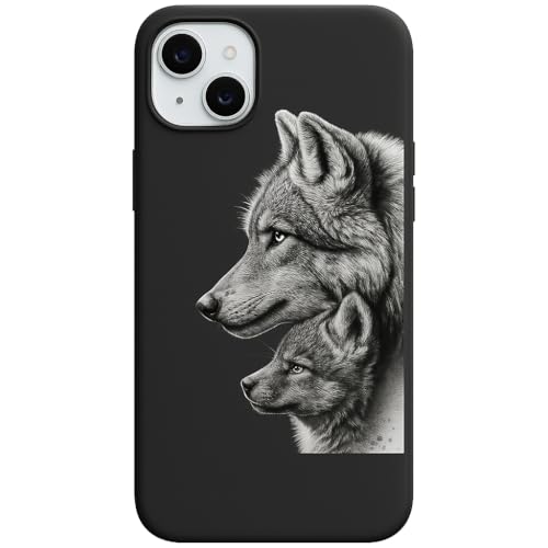 Cover Compatibile con iPhone Lupi Protezione Elegante – Custodia Compatibile Modelli – TPU Morbido Antiurto – Design Animale Affettuoso Papà e Cucciolo Bianco - Nero (NERA, iPhone 13 Pro Max)