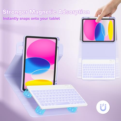 Image of YBING Keyboard Case for iPad 10th Gen 10.9 inch(2022) & 11th Gen(A16, 2025), 7-Color Backlit Detachable Keypad & Rotatable Magnetic Case with Pencil Holder (Purple)