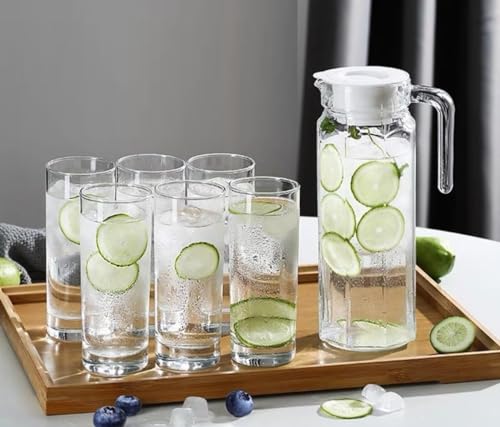 Image of Premium Water and Juice Glasses and Jug Set Combo [6 Piece Glass 350ML & 1 Piece Jug 1 Liter] Transparent Pitcher Set for Dining Table, Home & Restaurant,Party (MTS - 14)