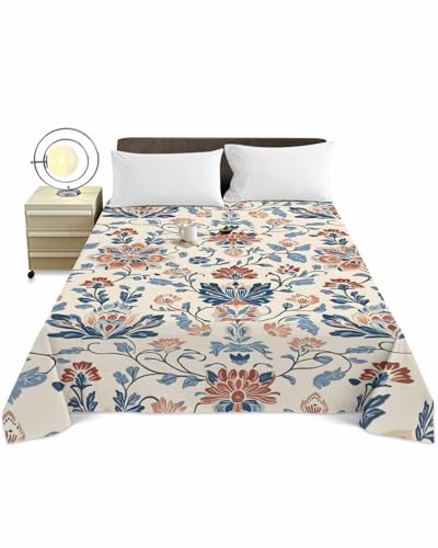 Queen Size Top Sheet Only, Boho Abstract Flower Botanical Flat Sheet Microfiber Breathable Soft Bed Sheets, Retro Ombre Blue Floral Hotel Bedding Flat Sheets for Bedroom