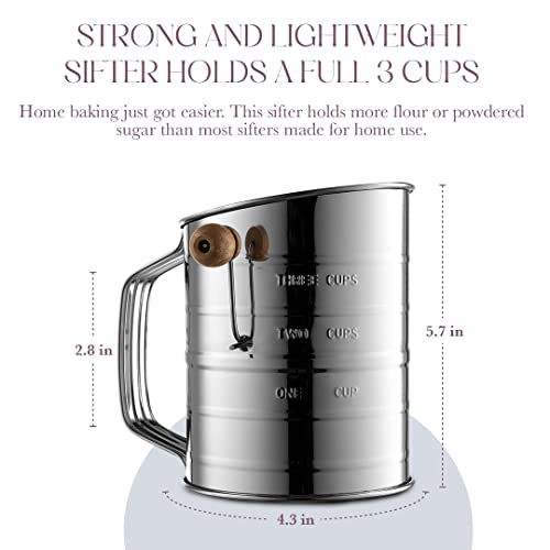 Bellemain 3 Cup Flour Sifter for Baking Fine Mesh Rotary Hand Crank with Loop Agitator for Quick Sifting, Flour Sifter Stainlees Steel