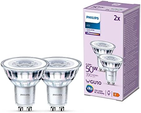 Philips LED Classic Spot Light Bulb 2 Pack [Cool White 4000K - GU10] 50W, Non Dimmable. for Home Indoor Lighting