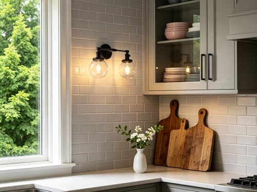 Image of Phansthy Industrial Wall Sconce Hardwired Black Double Wall Light with 5.9 Inches Globe Lampshade, Modern Wall Lamp Wall Decor Light Fixtures for Bathroom Mirror Living Room Hallway Bedroom (Black)