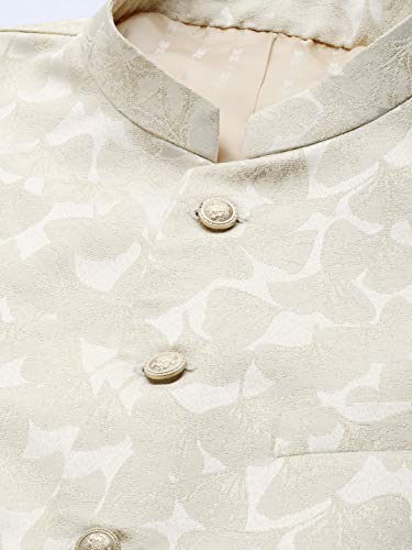 Image of MANQ Men Cream Woven Jaquard Silk Nehru Jacket (Size:34)