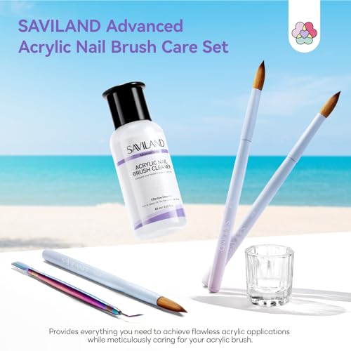 Image of SAVILAND Acrylic Nail Brush with Cleaner: Size 8,10,14 Professional Acrylic Brushes Makeup Brushes Cleaner Conditioner Nail Brush Cleaner Tool & Dappen Dish for Acrylics Nails Home Salon DIY