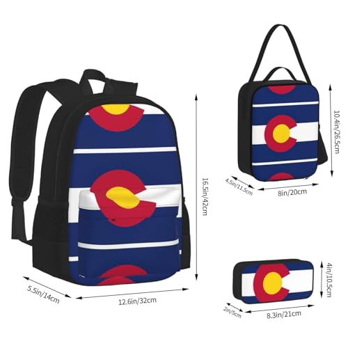nanger Colorado State Flag Print 3-Piece Set Backpack, Lunch Bag And Pencil Case, For Travel, College, And Daily Use4