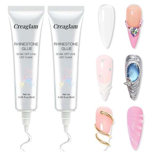 Rhinestone Glue for Nails - 2 Pack 16ML Super Strong Gel Adhesive for Nail Art Decorations, Charms, 3D Bling, Gems & Diamonds Precision Tip Bottle - LED Lamp Cure Required