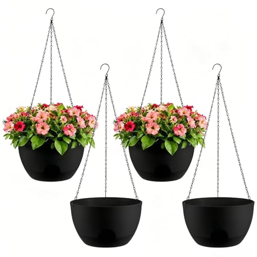 WUCEIAUU 4-Piece Set of 8-Inch Hanging Planters with Automatic Watering System and Drip Tray, Includes Metal Chain, Suitable for Various Indoor and Outdoor Plants and Flowers,Pure Black