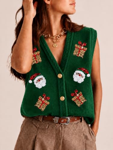 Image of Women Christmas Sweater Vests Santa Claus Sleeveless Cardigan | Women Christmas Sequin Sweater Vests, Button Down, Gingerbread Man Print, Christmas Holiday Tank Top