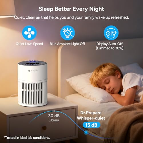 Dr.Prepare Purificador de ar HEPA silencioso de 15 dB de entrada de ar de 360° baixo consumo 12 W modo de repouso pré-filtro lavável purificador de ar portátil para quartos e escritórios