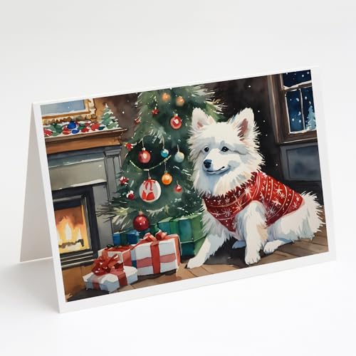 Caroline's Treasures DAC2595GCA7P American Eskimo Cozy Christmas Greeting Cards Pack of 8 Blank Cards with Envelopes Whimsical A7 Size 5x7 Blank Note Cards