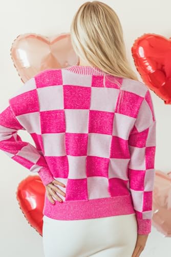 Wolddress Women's Sweater Pink Checkered Drop Shoulder Buttoned V Neck Long Sleeve Casual Plaid Cardigan3