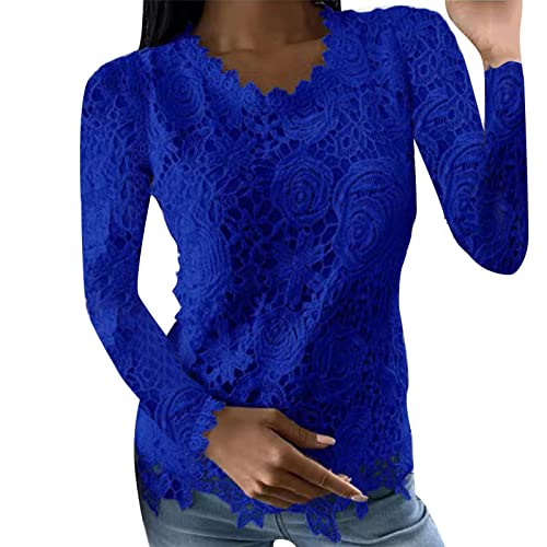 2022 Camiseta de Manga Larga Mujer Encaje Color sólido Blusa Camisa Cuello Redondo Camiseta Slim Fit Elegante Basic otoño Tops Moda Casual Fiesta T-Shirt Original tee Sudadera Jersey