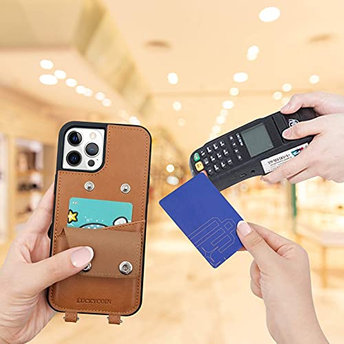 Luckycoin For Iphone 12 Pro Max Leather Bumper Case Vintage Genuine Leather Card Holders Wallet Protective Case Adjustable Leather Strap Compatible With 2020 New Apple Iphone 12 Pro Max 6.7 Inch Brown #TOP4