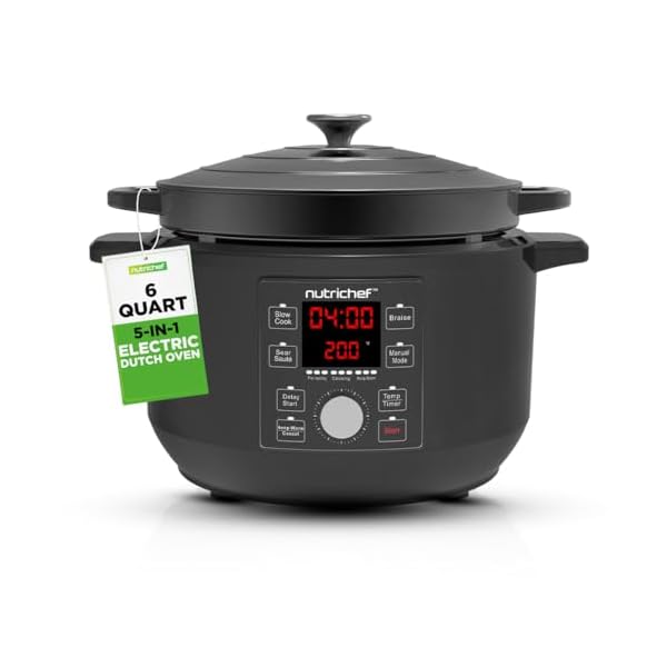 6 quart electric dutch oven 1500w 5 in 1 enamel coated cast iron pot with stainless steel lid precise temperature control includes 2 silicone pot holders heat resistant pad black  urban country home decor