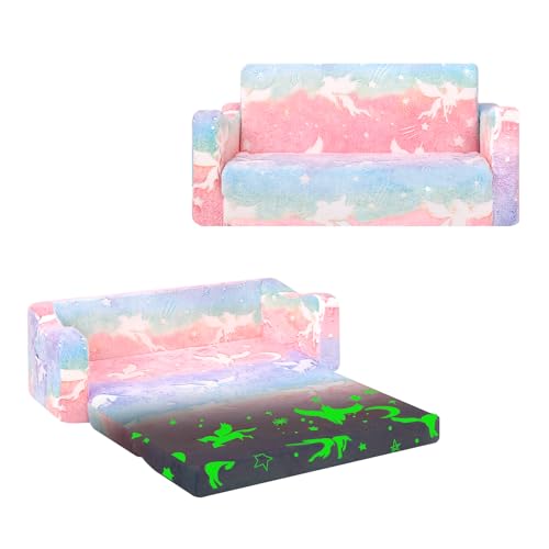 alldomess Convertible Sofa para Niños 2 en 1, Plegable Sofa Infantil Brilla en la Oscuridad para Niñas y Niños, Estable Silla Niño 2 Plazas para Dormitorio Sala de Juegos,Unicornios