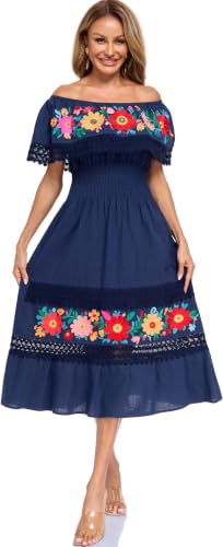 Image of YZXDORWJ Women Embroidered Mexican Peasant Casual Sexy Lace Off-Shoulder Long Dress