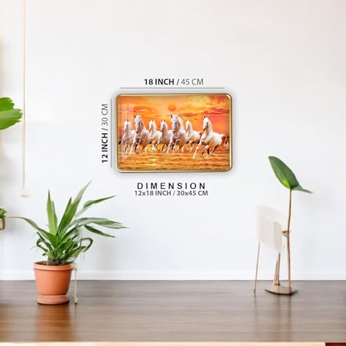 Image of 7 Running Horses Photo Frame, Ultra High Gloss Lamination, Vastu Painting for Living Room, Office, 12x18 Inch (Design 5)