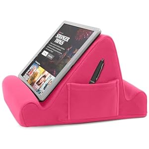 Brookstone, Memory Foam Lap Desk Tablet Holder, Holds Phones, iPads, E-Book Readers, 2 Viewing Angles, 2 Side Pockets for Accessories, Book Holder Cushion, Perfect Home, Car Travel, Flights, Pink