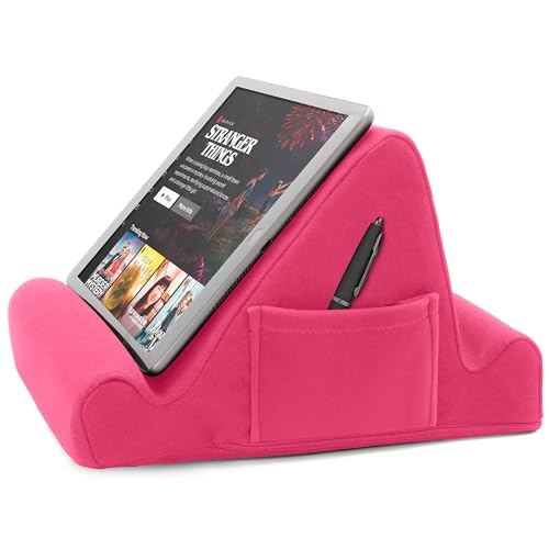Brookstone, Memory Foam Lap Desk Tablet Holder, Holds Phones, iPads, E-Book Readers, 2 Viewing Angles, 2 Side Pockets for Accessories, Book Holder Cushion, Perfect Home, Car Travel, Flights, Pink