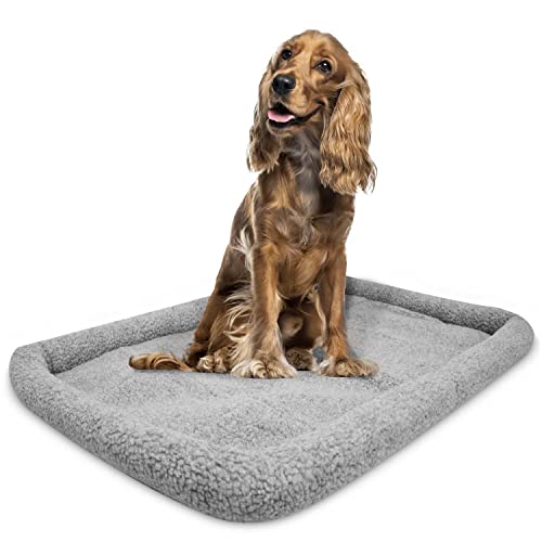 DogCrates+ Large Washable Dog Bed - Soft Comfortable Cushion Mat with Anti-Slip Bottom, Collapsible and Durable, Grey