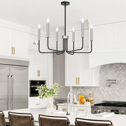 6-Light Farmhouse Chandelier for Dining Room Lighting Fixtures Hanging, Black and Silver Dining Light Fixtures Industrial Chandelier for Bedroom, Foyer, Hall, Kitchen, Living Room and Entryway