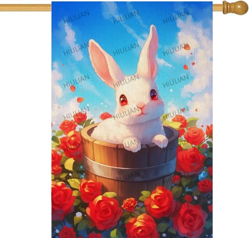 HILILIAN Rabbit Garden Flag Spring Red Rose Garden Flag Double Sided Waterproof Burlap Yard Flag Seasonal Spring Summer Outdoor Decoration 28x40 Inch (5338L)