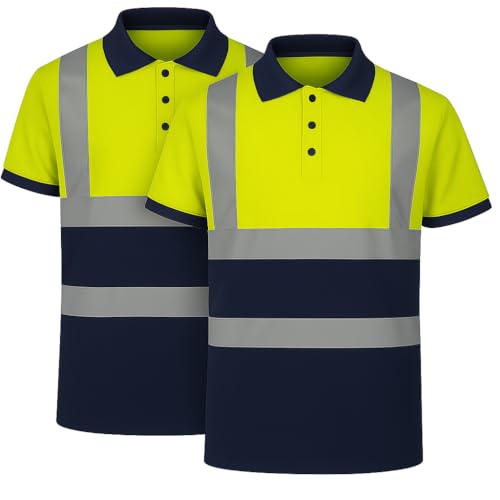 NIYS High Visibility Polo Shirt Yellow Orange Navy Safety Security Work Breathable Lightweight Workwear Top Reflective Tape Small to 3XL (UK, Alpha, L, Regular, Regular, Pack of 2 Yellow Navy)