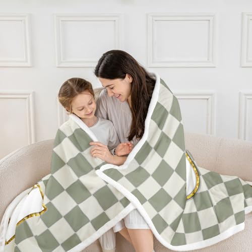 Image of Erosebridal Sage Green Checkered Sherpa Blanket Plaid Initial J Fuzzy Plush Throw Personalized Monogram Fleece Blanket for Kids Boys Girls,Fashion Grids Gingham Decor for Bed Couch Queen 90 inchx90 inch
